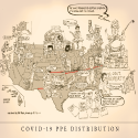 Cartoon: COVID-19 PPE Distribution, conceived by Phil Ness, drawn by Reeve, 2021.